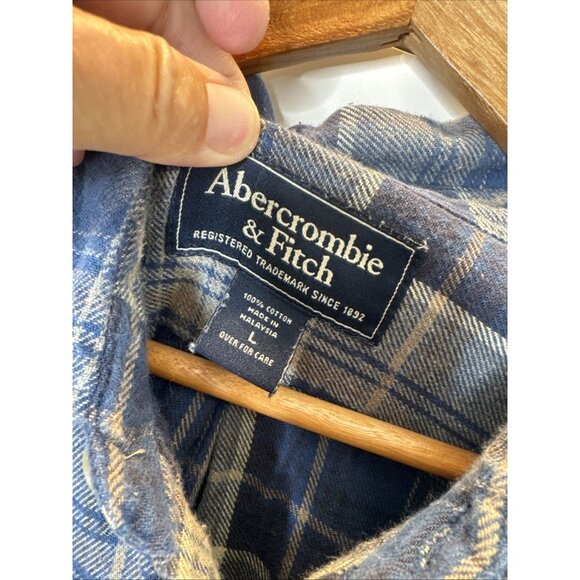 Abercrombie & Fitch Flannel Men Size Large Plaid Button Front Shirt Blue Brown - Picture 2 of 11
